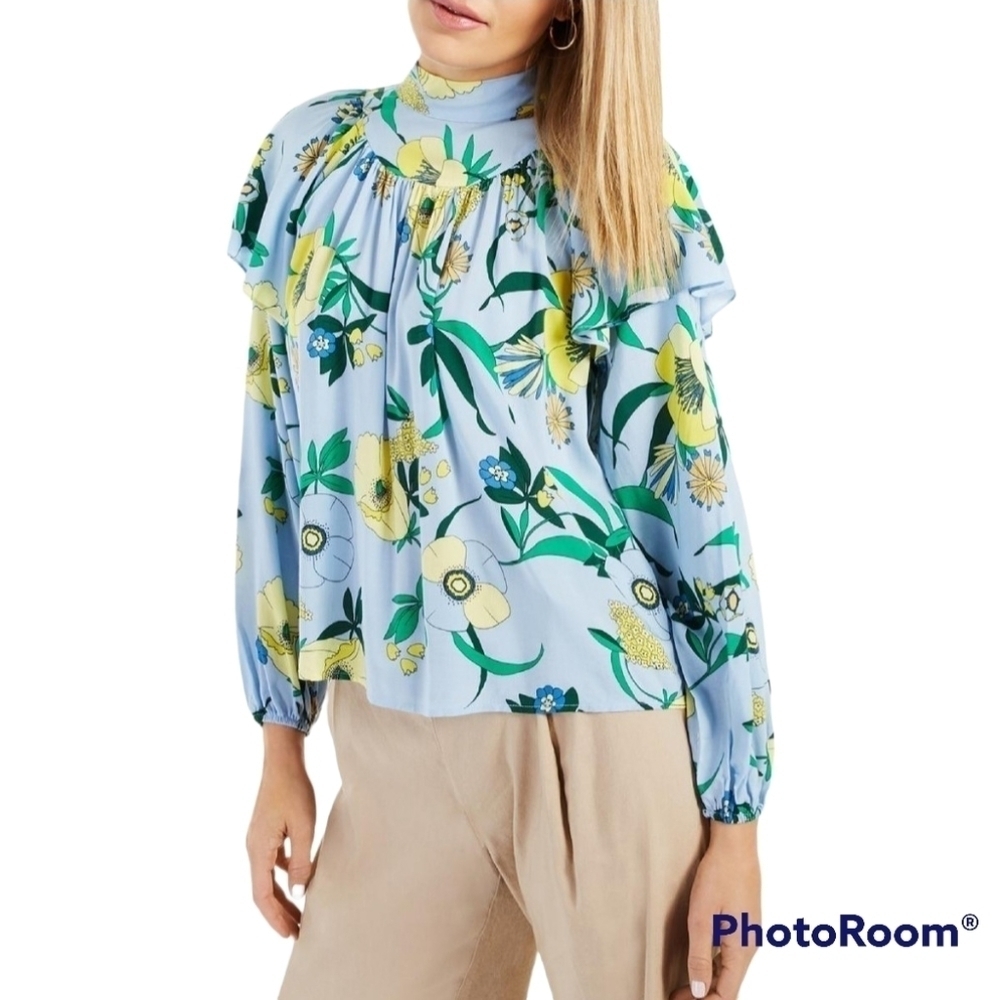 International Concepts Blue And Yellow Floral Tie Neck Ruffle Pleated Top L